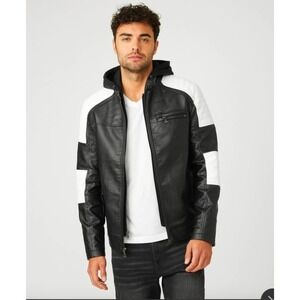 GUESS Mens Black White Moto Faux Leather Biker Jacket XL Motorcycle Bomber